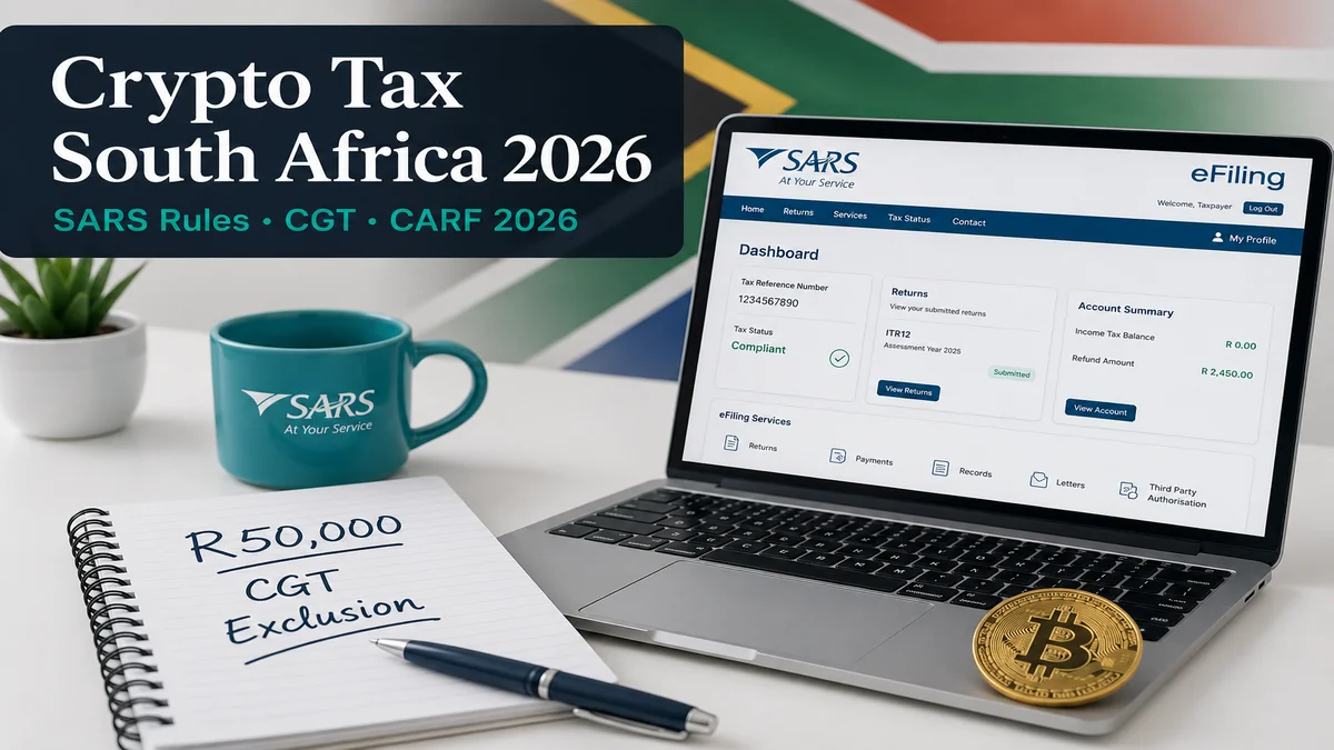 Crypto tax South Africa 2026 guide covering SARS CGT income tax and CARF reporting rules