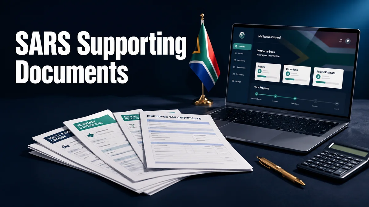 SARS supporting documents checklist — tax certificates, logbook and eFiling portal on a dark navy desk